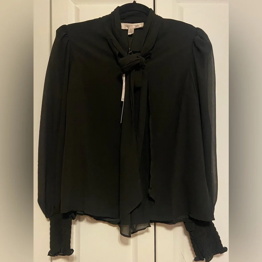 Catherine Malandrino Elegant Black Tie-Neck Blouse Sheer Sleeve Small - Picture 2 of 9